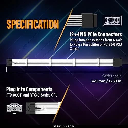 EZDIY-FAB 16pin (12+4) 12VHPWR PCIe 5.0 GPU Power Sleeved Cable Extension, Male to Female, Compatible with RTX 5080, 5070, 4090, 4080, 4070,16AWG with Cable Combs-White thumbnail 3