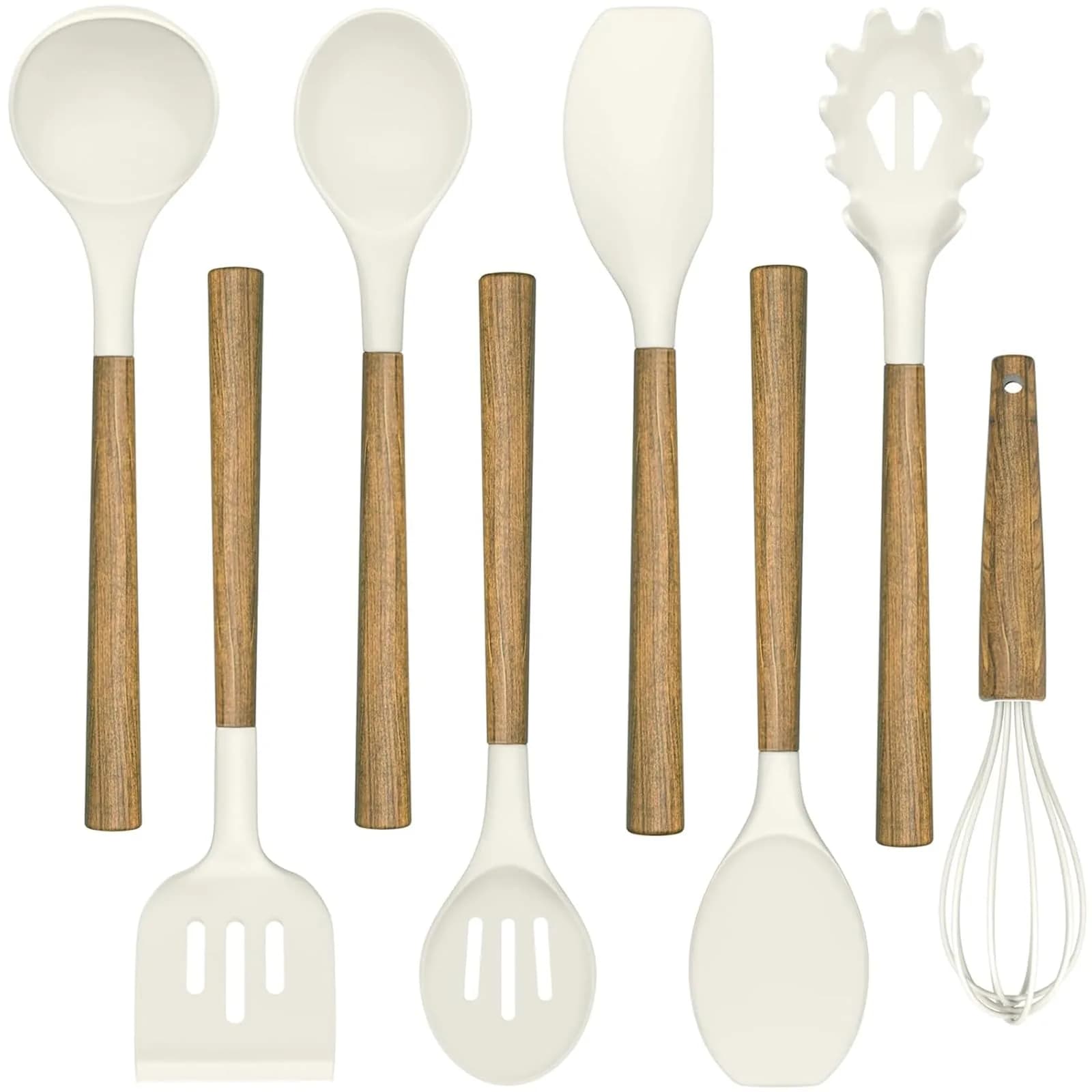 Umite Chef Silicone Cooking Utensil Set with Acacia Wooden Handles, 8-Piece Kitchen Gadgets for Nonstick Cookware - Khaki | Heat Resistant up to 446°F — White