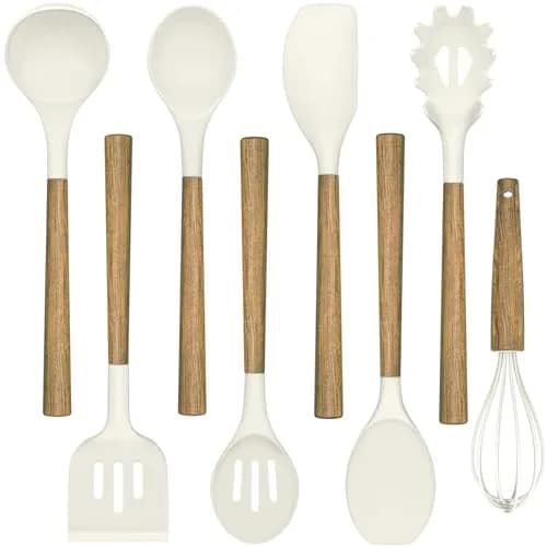 Umite Chef Silicone Kitchen Utensils Set with Acacia Wood Handle, 8-Piece Set, White | Heat Resistant Up to 446°F thumbnail 1