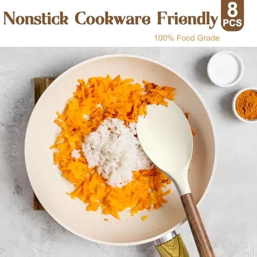 Umite Chef Silicone Kitchen Utensils Set with Acacia Wood Handle, 8-Piece Set, White | Heat Resistant Up to 446°F thumbnail 4
