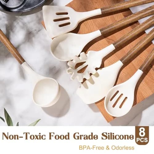 Umite Chef Silicone Kitchen Utensils Set with Acacia Wood Handle, 8-Piece Set, White | Heat Resistant Up to 446°F thumbnail 2