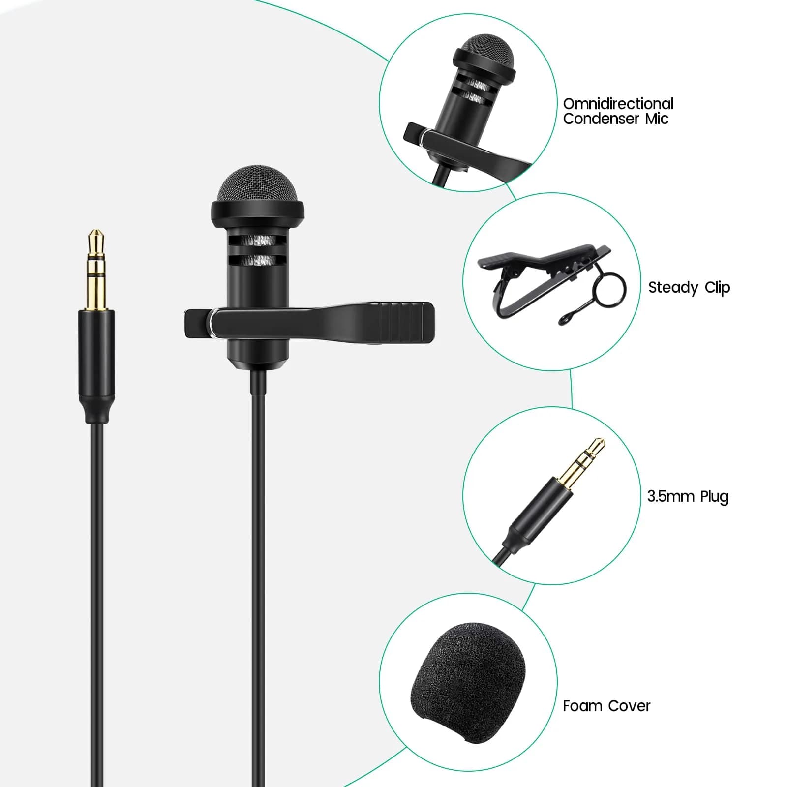 weishan 2-Pack Omnidirectional Lavalier Microphone | 1.5m (5 ft) Cable, 3.5mm TRS Plug - view 6