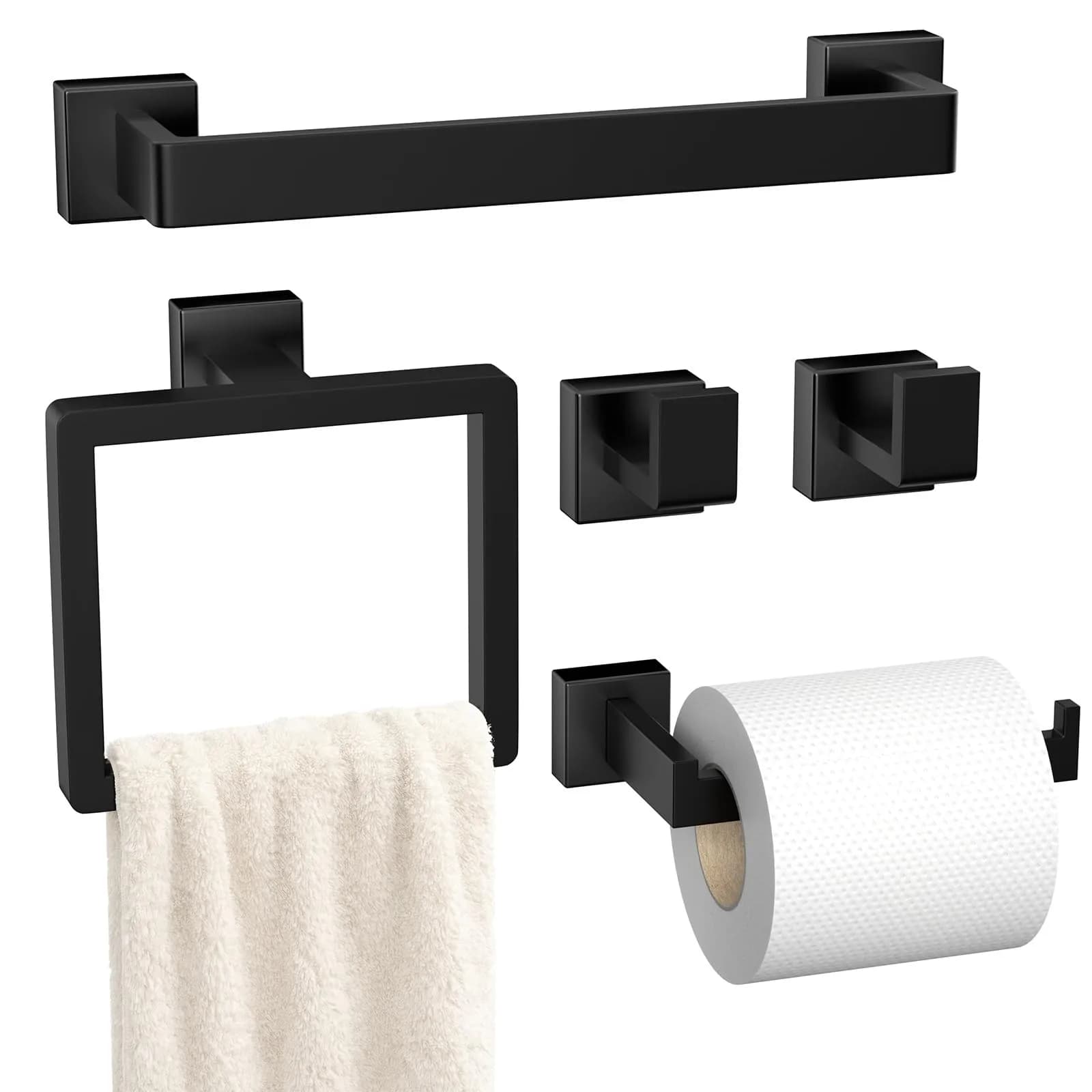 PAHSFS 5-Pieces Bathroom Accessories Set, 16 Inch Matte Black Wall Mounted Towel Bar