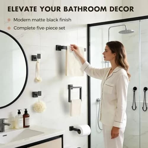 PAHSFS 5-Pieces Bathroom Accessories Set, 16 Inch Matte Black Wall Mounted Towel Bar thumbnail 6