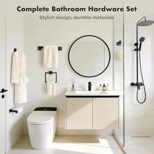 PAHSFS 5-Pieces Bathroom Accessories Set, 16 Inch Matte Black Wall Mounted Towel Bar thumbnail 7