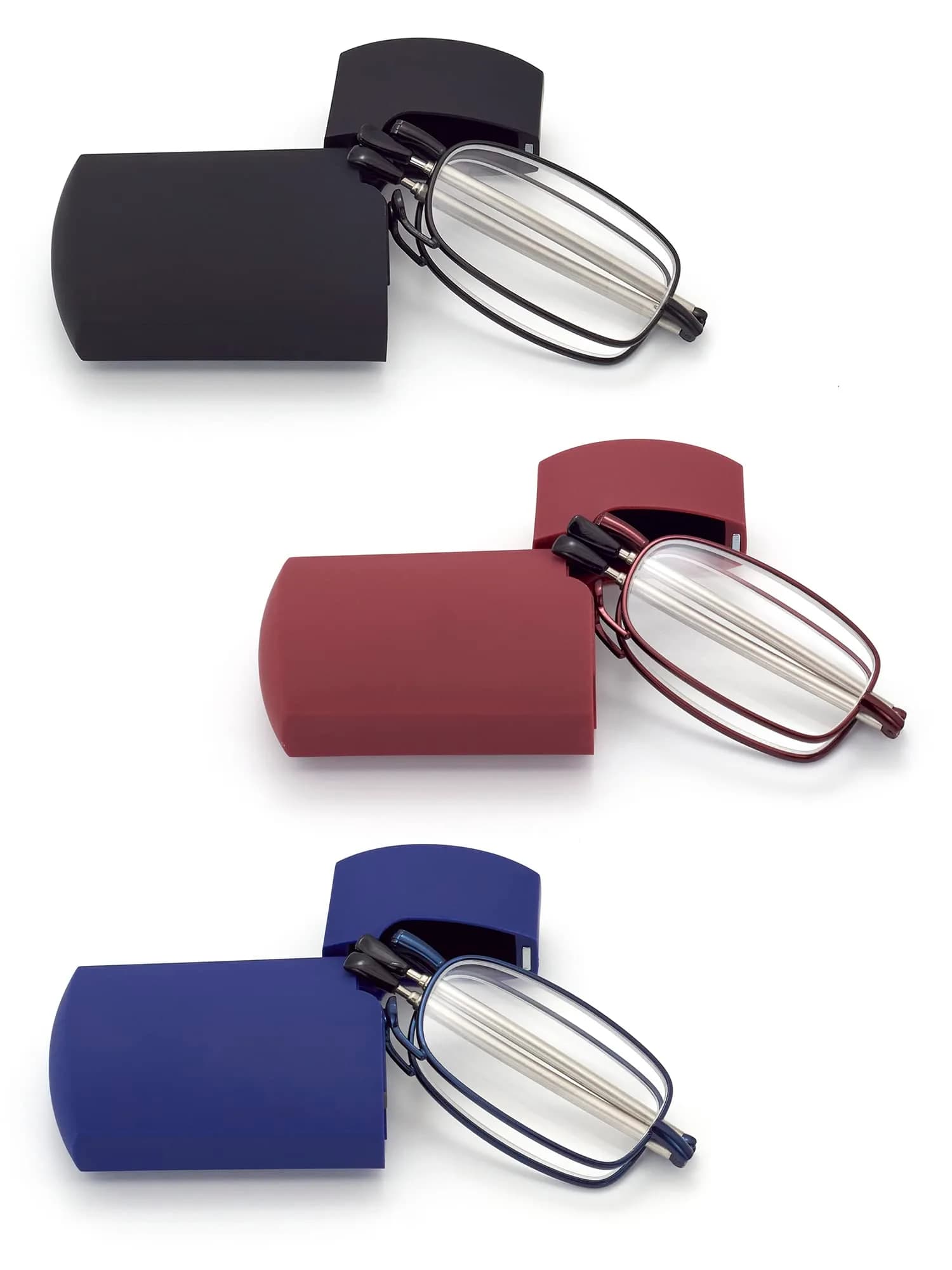 HIGHLIKE 3-Pack Folding Reading Glasses 1.25 Diopters | Compact & Portable Readers with Cases — C4, Black Blue Red
