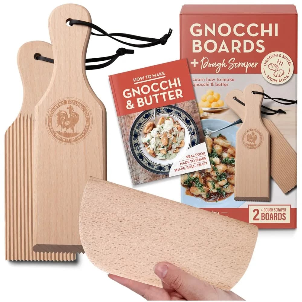 Country Trading Co. Gnocchi Board and Butter Paddles Kit | Wooden Pasta Tools Set for Italian Cooking