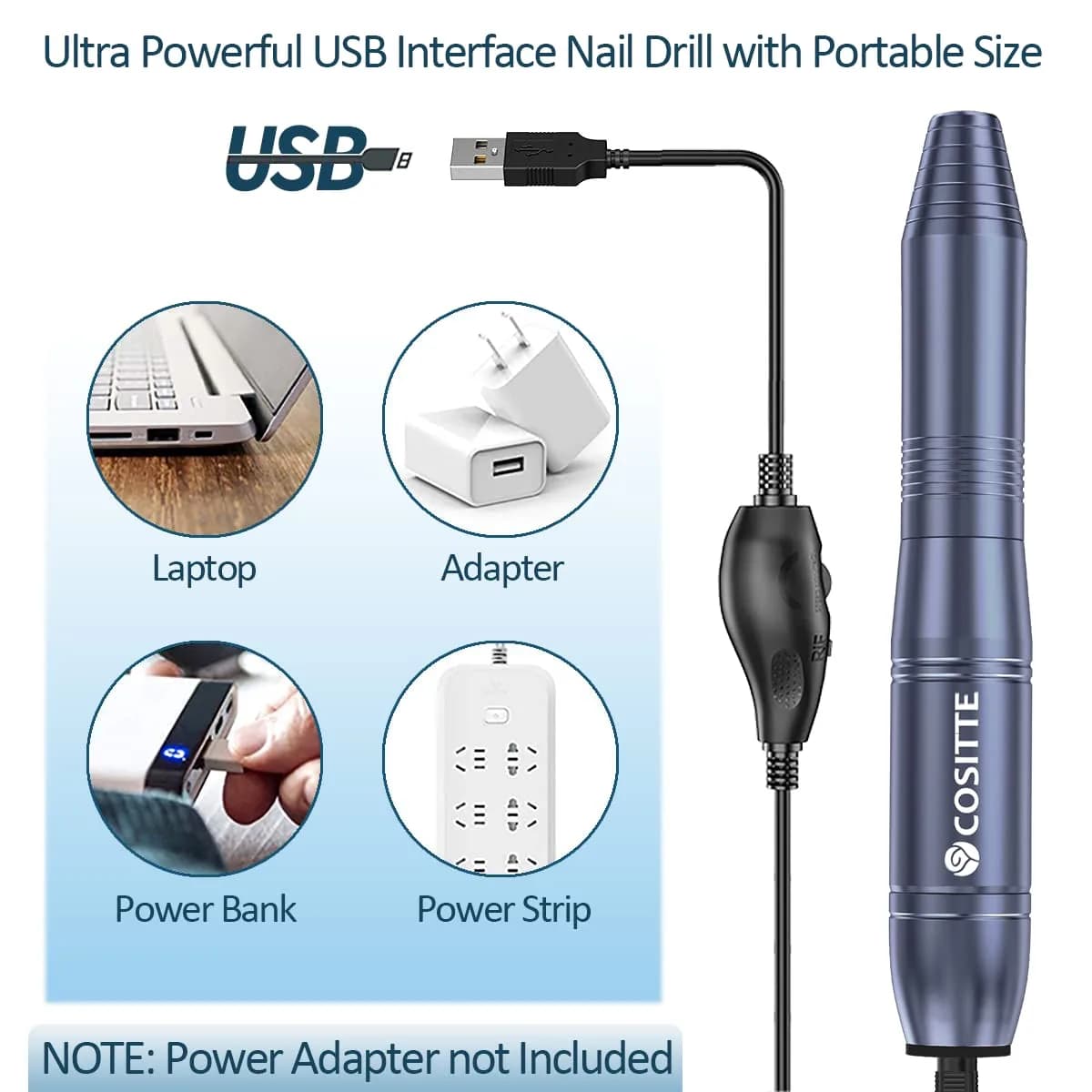 COSITTE Gray USB Electric Nail Drill Machine for Acrylic Nails, Portable Efile Nail File Polishing Tool (Gray) - view 2