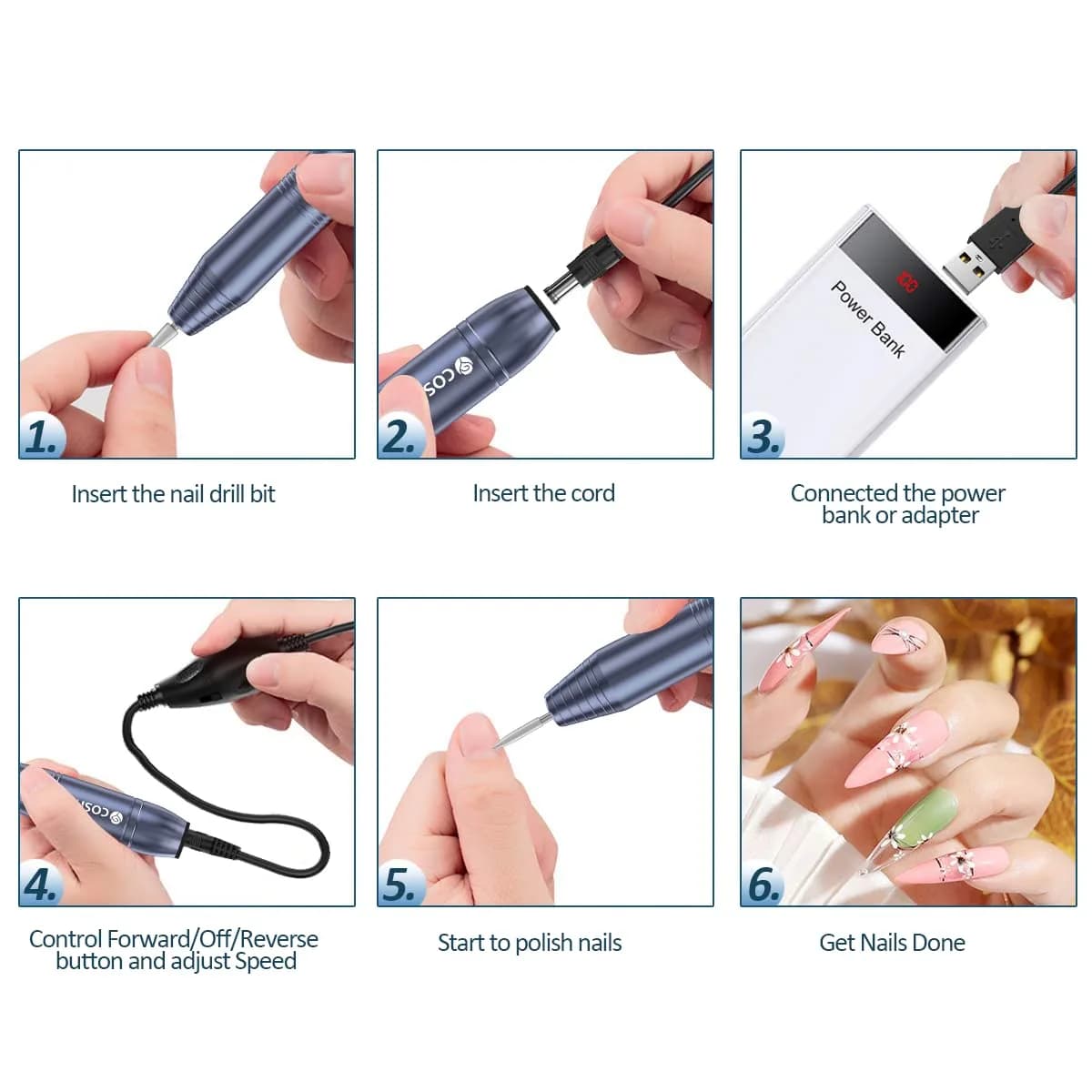 COSITTE Gray USB Electric Nail Drill Machine for Acrylic Nails, Portable Efile Nail File Polishing Tool (Gray) - view 4