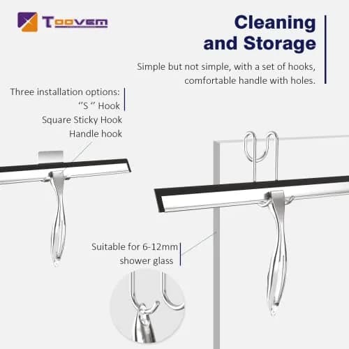TOOVEM Shower Squeegee 14 Inch Silver | Glass & Bathroom Cleaning Tool thumbnail 2