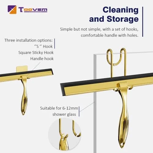 TOOVEM 12 Inch Shower Squeegee for Glass Doors, Window, Bathroom (Gold) | Water & Soap Residue Removal thumbnail 2