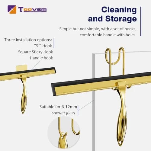 TOOVEM 14 Inch Shower Squeegee for Glass Doors, Window, Bathroom (Gold) | Stainless Steel & Silicone thumbnail 2
