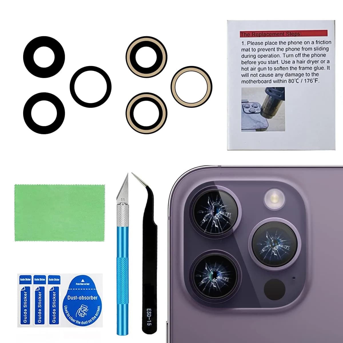 Perzework OEM Back Rear Camera Lens Glass Replacement for iPhone 14 Pro & Max | Sapphire Glass, Complete Kit — iPhone 14 Pro / iPhone 14 Pro Max