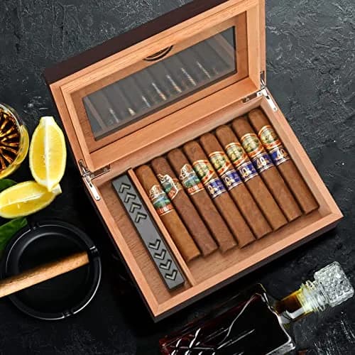 TISFA Cigar Humidor Glass Top Box with Hygrometer Humidifier Divider 25-30 Cigars | Spanish Cedar Wood Lined thumbnail 6