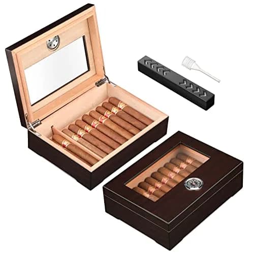 TISFA Cigar Humidor Glass Top Box with Hygrometer Humidifier Divider 25-30 Cigars | Spanish Cedar Wood Lined thumbnail 1