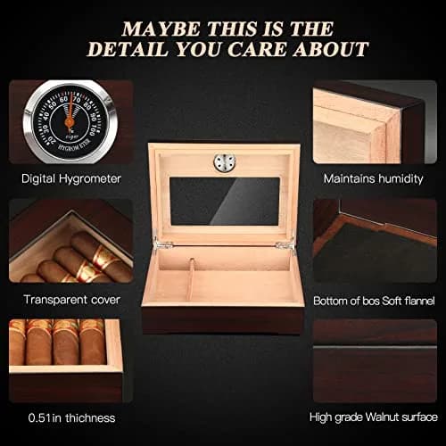 TISFA Cigar Humidor Glass Top Box with Hygrometer Humidifier Divider 25-30 Cigars | Spanish Cedar Wood Lined thumbnail 2