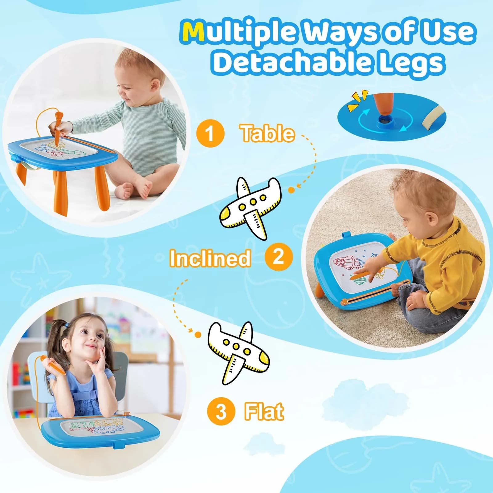 Kikidex Magnetic Drawing Board with Legs, Educational Doodle Pad for Creative Play - Toddler Girl Toys for 1-3 Year Olds, Light Blue - view 5