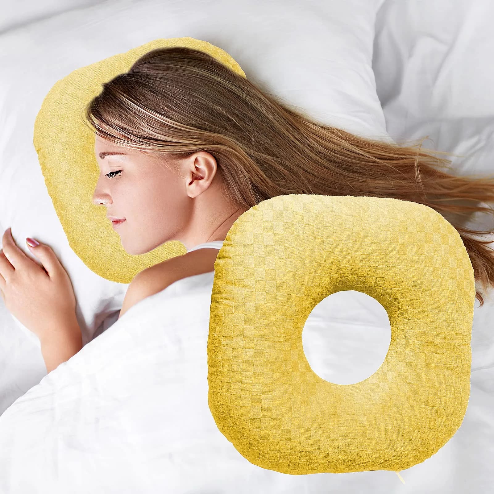 Wuronsa Ear Piercing Pillow with Hole for Cartilage Piercings, CNH Support | Adjustable Cotton Pillow for Side Sleepers (Yellow, 9-inch) - main product image