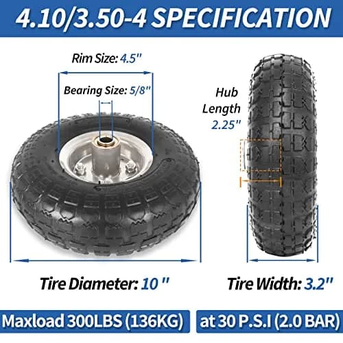 GICOOL 4.10/3.50-4" Pneumatic Tire and Wheel Set | 10" Diameter, 4 Pack, 2.2" Offset Hub, 5/8" Axle Bore thumbnail 2