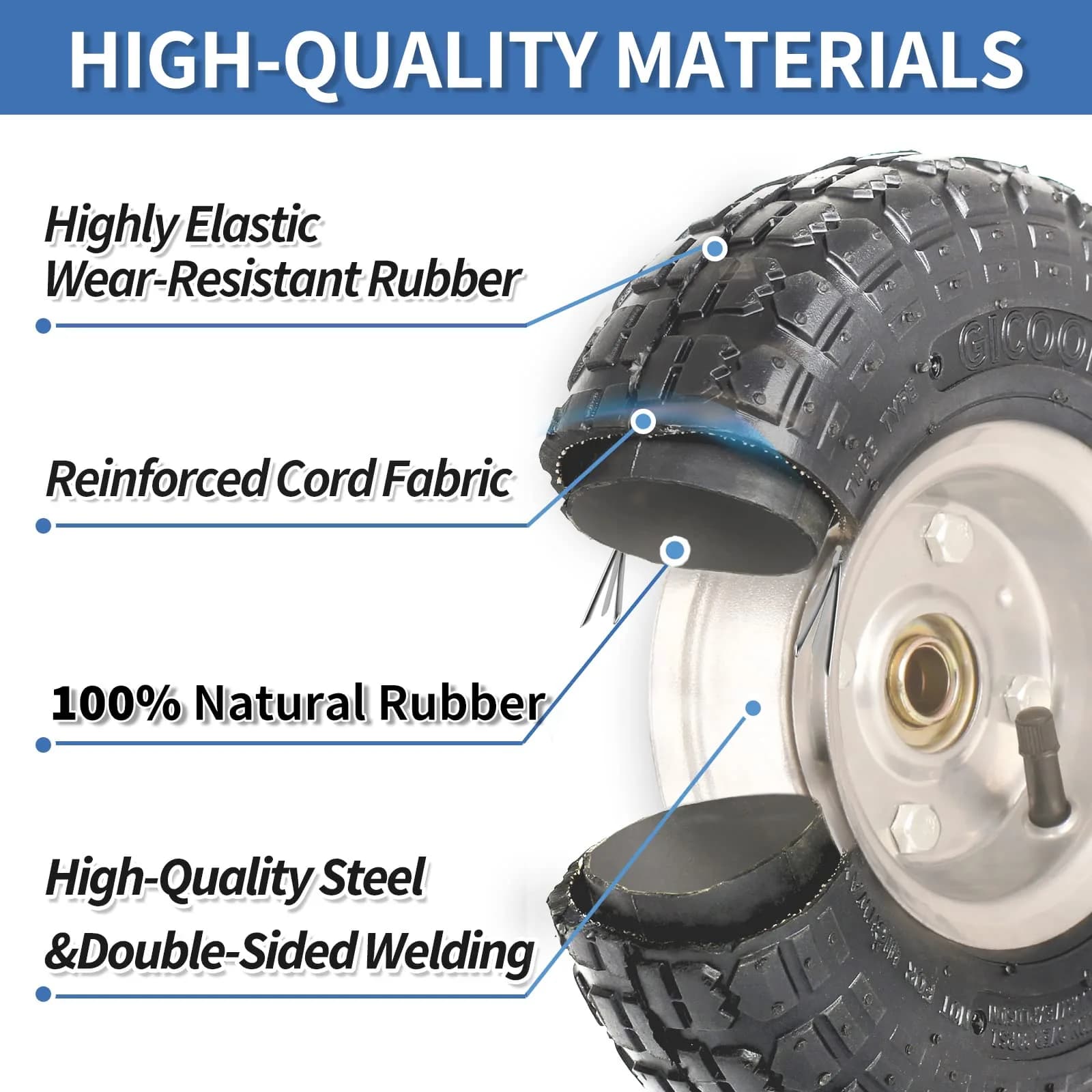 GICOOL 4.10/3.50-4" Pneumatic Tire and Wheel Set | 10" Diameter, 4 Pack, 2.2" Offset Hub, 5/8" Axle Bore - view 4