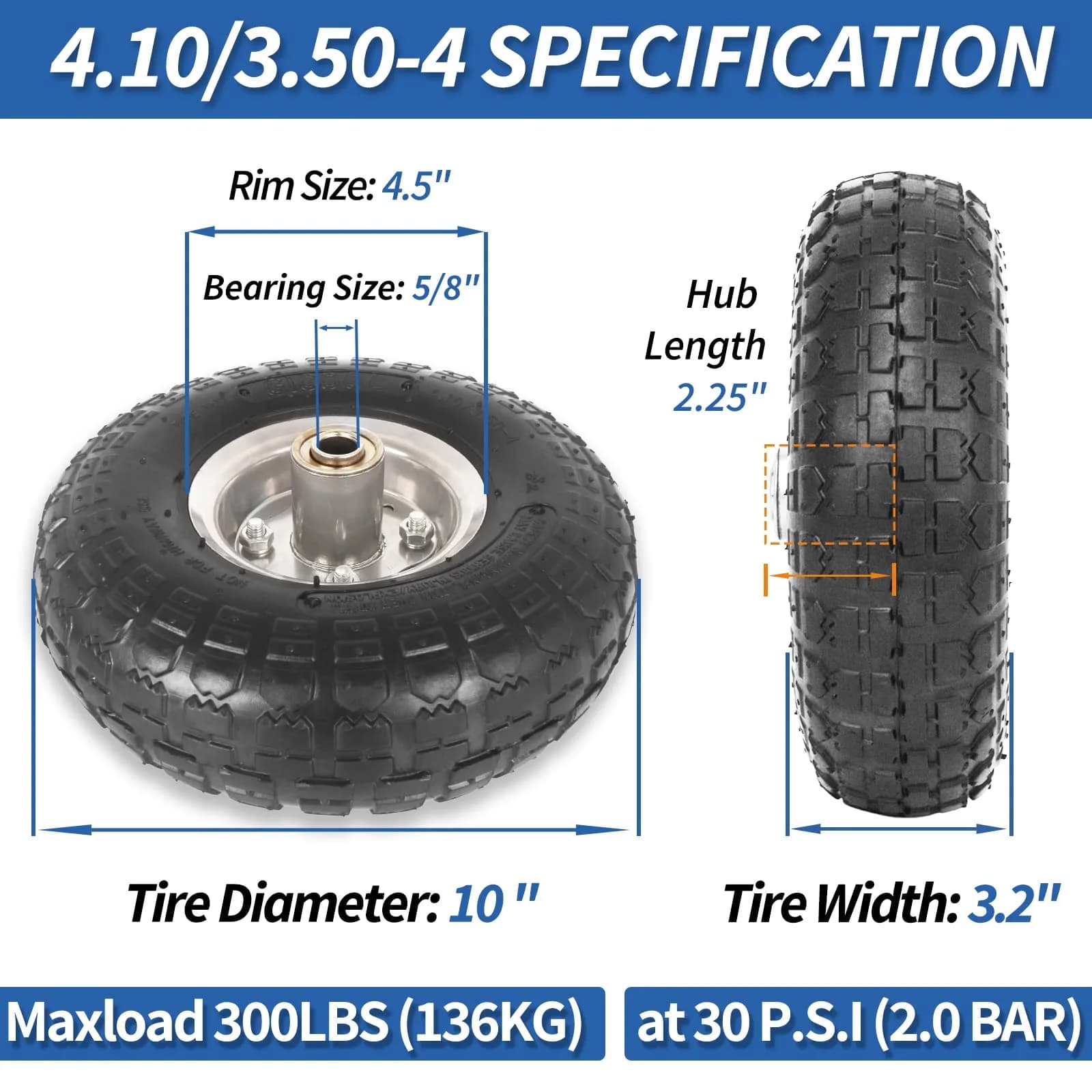GICOOL 4.10/3.50-4" Pneumatic Tire and Wheel 10" | 2 Pack with 2.25" Offset Hub & 5/8" Axle Bore - view 2