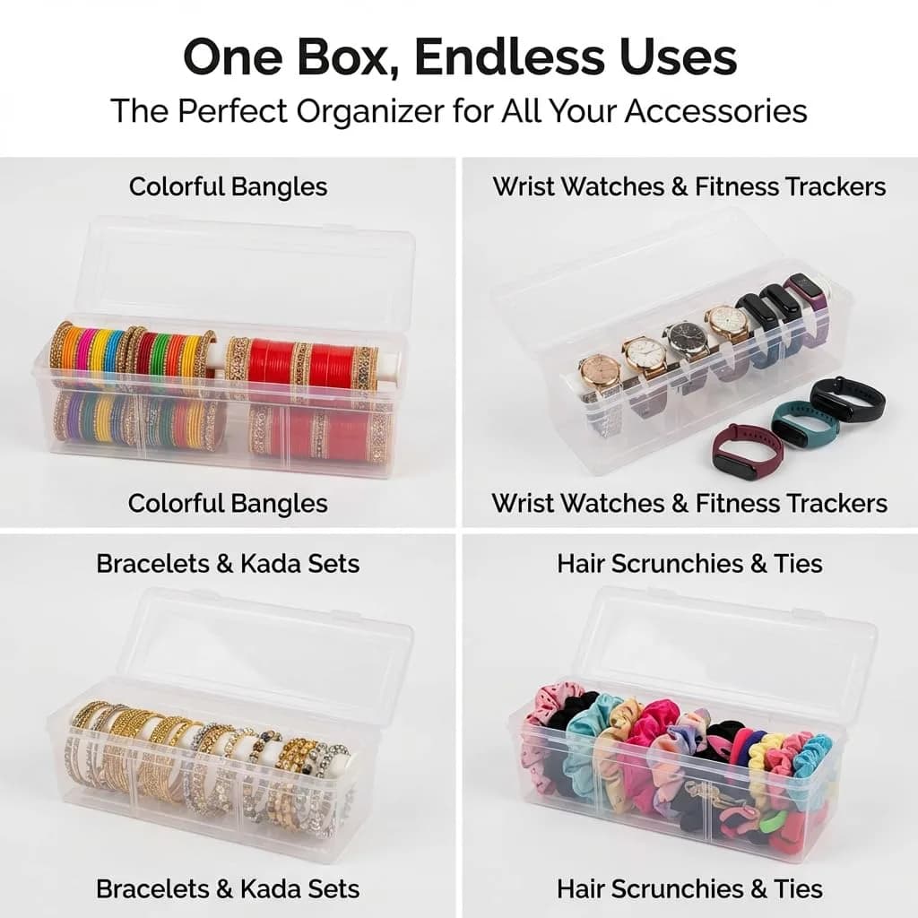 NMII Multipurpose Plastic Storage Box with 1 Adjustable Rods, 30cm (11.8in) | Transparent Jewelry Organizer for Bangles, Watches, Accessories - view 4