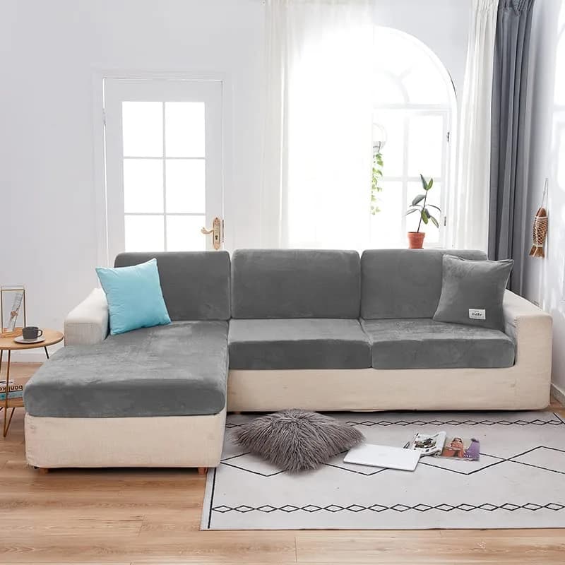 Jonuiony Dark Grey Stretch Velvet Sofa Cover for L-Shape & Sectional Couches | 1 Piece Back Cover — Dark Grey