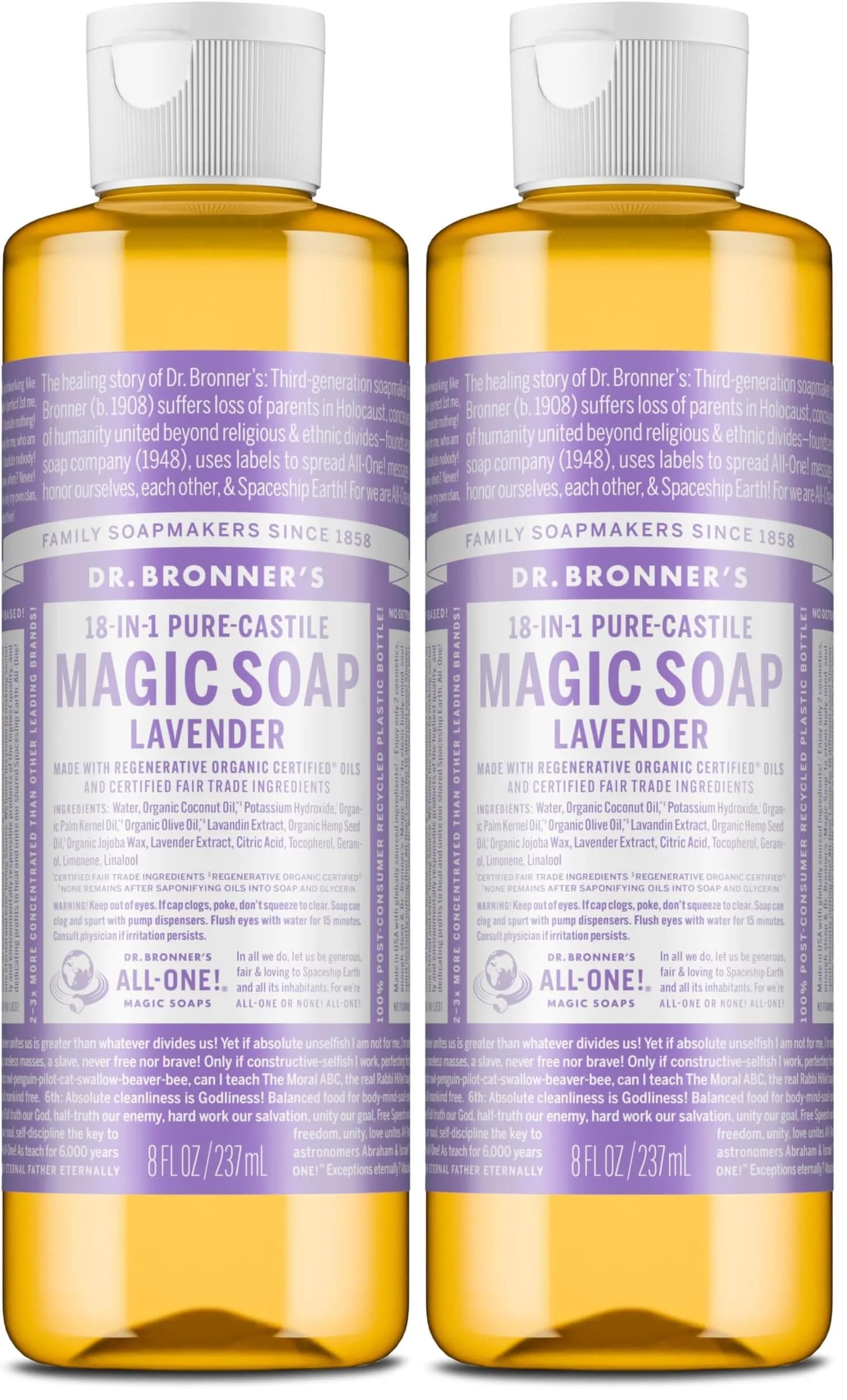 Dr. Bronner's Lavender Pure-Castile Liquid Soap 2-Pack, 8 Fl Oz Each | Gentle & Concentrated Cleanser - main product image