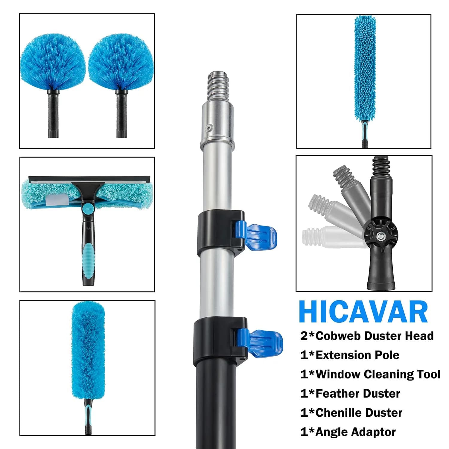 Hicavar 20 Foot High Ceiling Fan, Cobweb Duster with 5-12ft Extension Pole | Extendable, Reusable Feather, Window Cleaning Squeegee Kit thumbnail 3