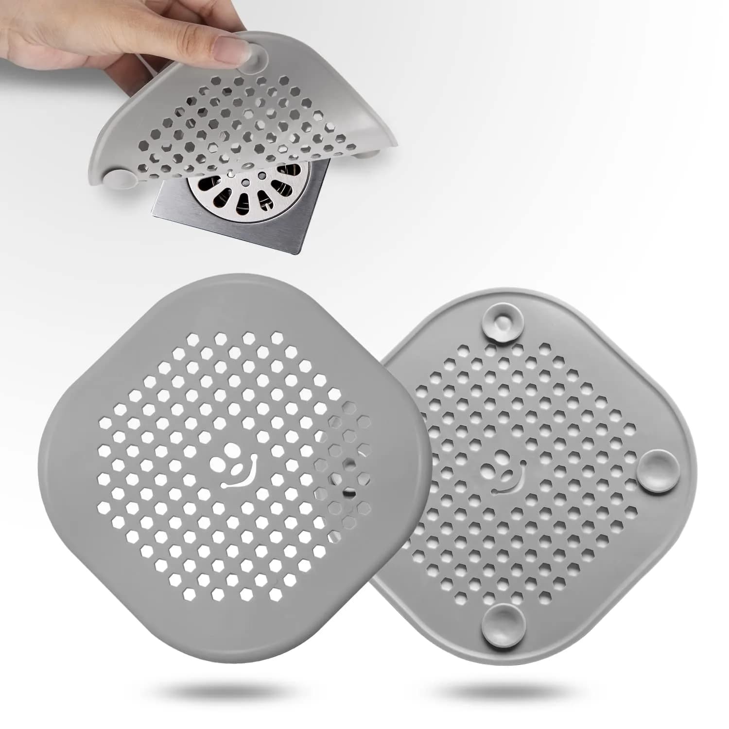 Couidl Pink Silicone Drain Hair Catcher 14cm (5.5in) | Set of 2 for Shower & Sink — Gray