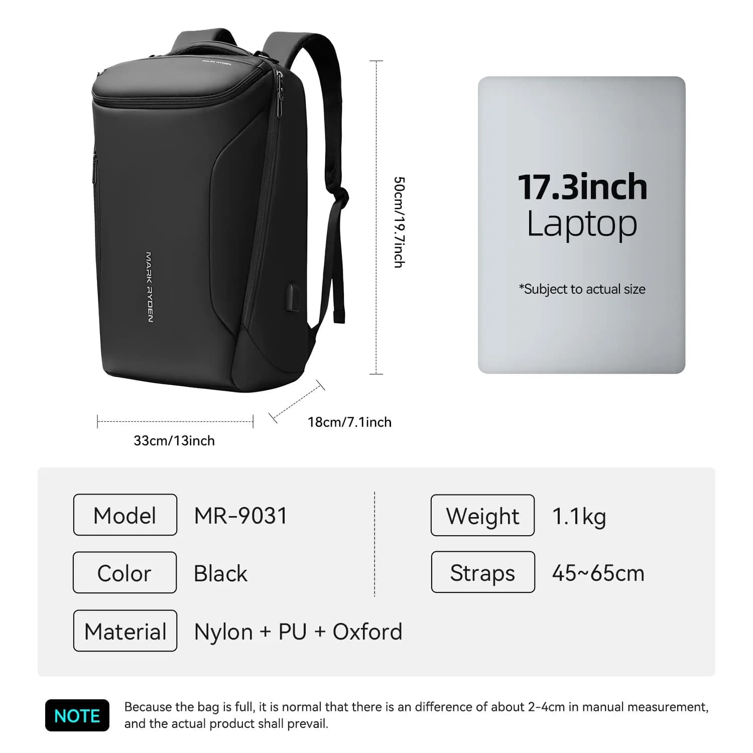 MARK RYDEN Business Backpack for Men, Waterproof High Tech Backpack with USB Charging Port, Fits 17.3 Inch Notebook | 30L Capacity - view 6