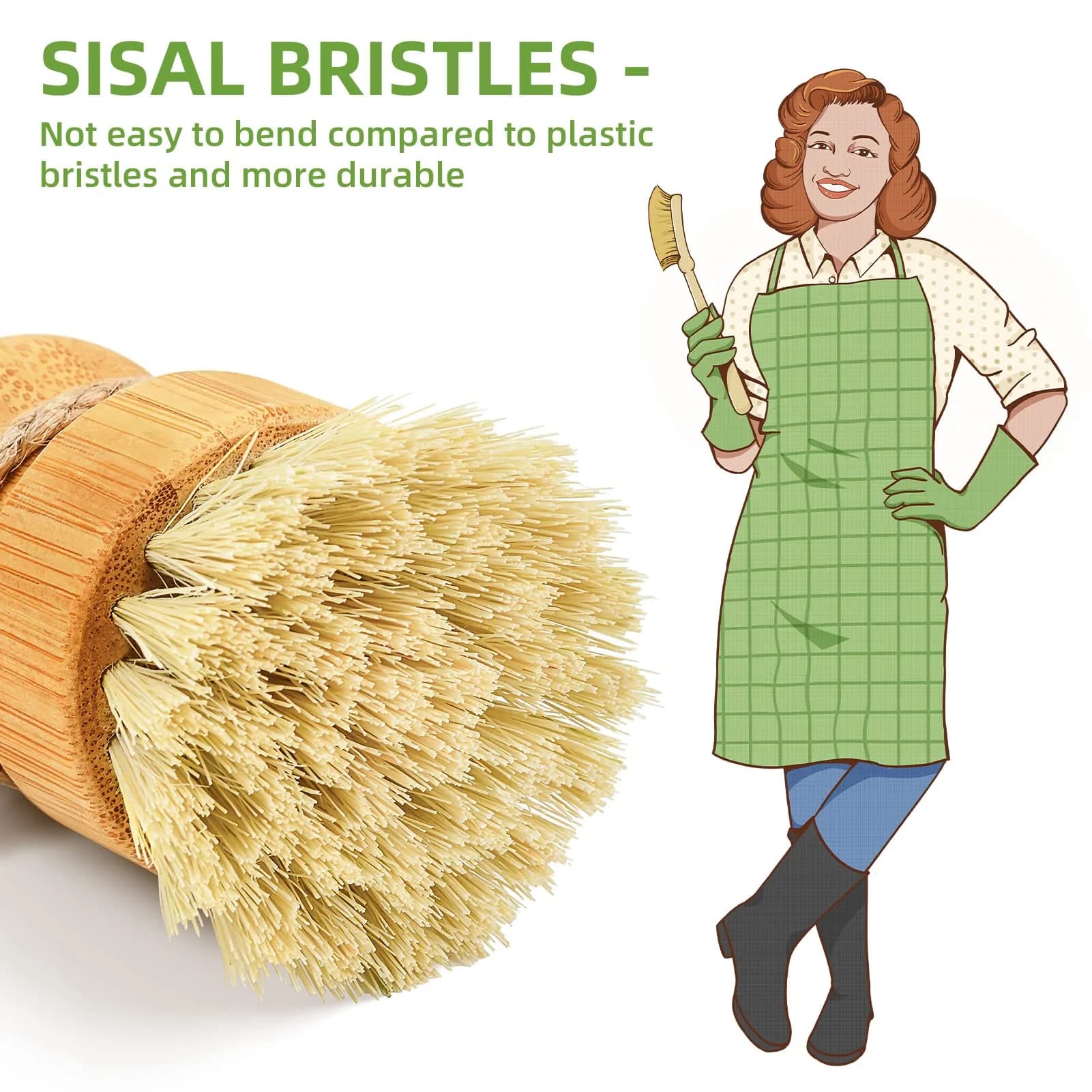 SUBEKYU Sisal Dish Scrub Brush with Bamboo Handle - Natural Cleaning for Kitchen (1 Pack) - view 2