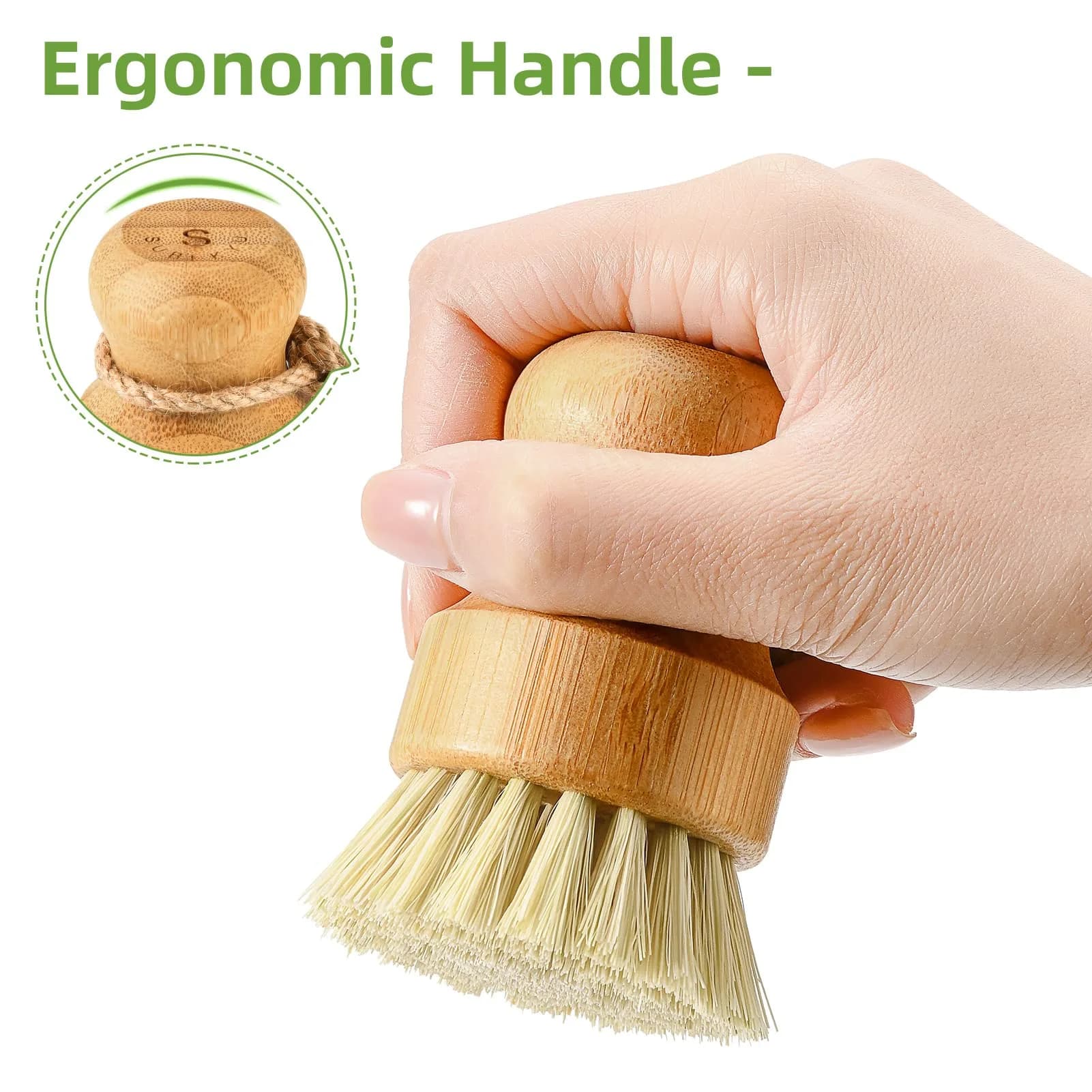SUBEKYU Sisal Dish Scrub Brush with Bamboo Handle - Natural Cleaning for Kitchen (1 Pack) - view 4