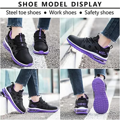 Kezhiho Women's Steel Toe Work Shoes, Air Cushion, Breathable Mesh, Size 7, Black Purple thumbnail 6