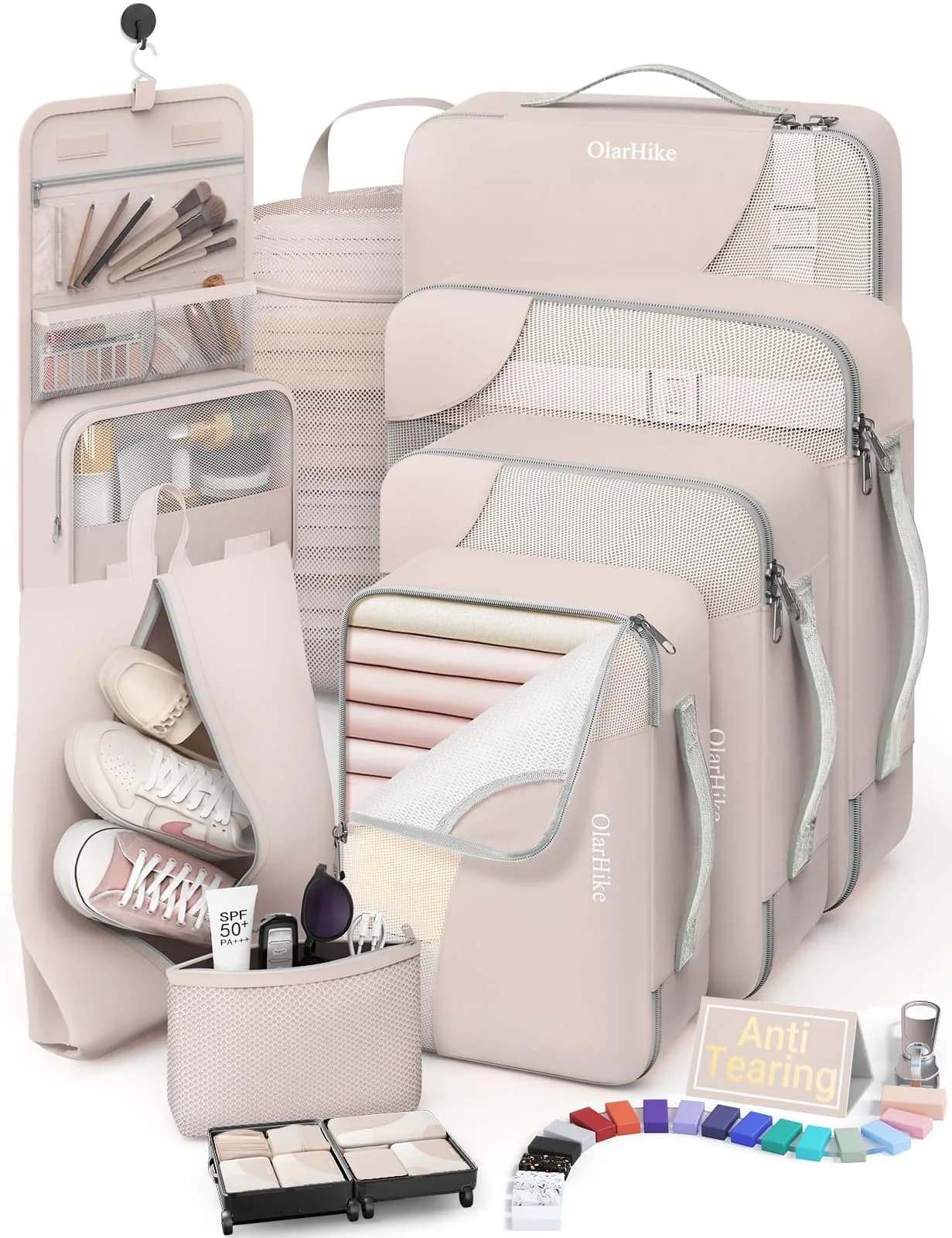 OlarHike 8 Set Packing Cubes for Travel | Durable Suitcase Organizer with Shoe & Toiletry Bag (8 Pack, Cream)