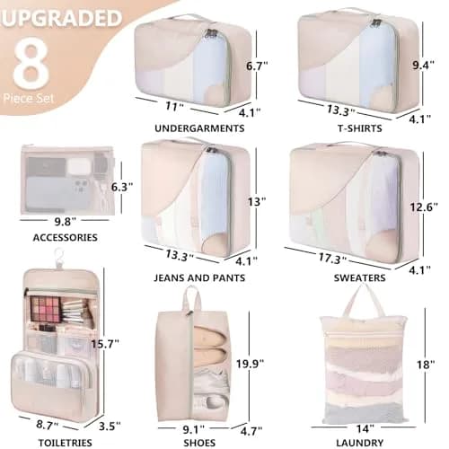 OlarHike 8 Set Packing Cubes for Travel | Durable Suitcase Organizer with Shoe & Toiletry Bag (8 Pack, Cream) thumbnail 2
