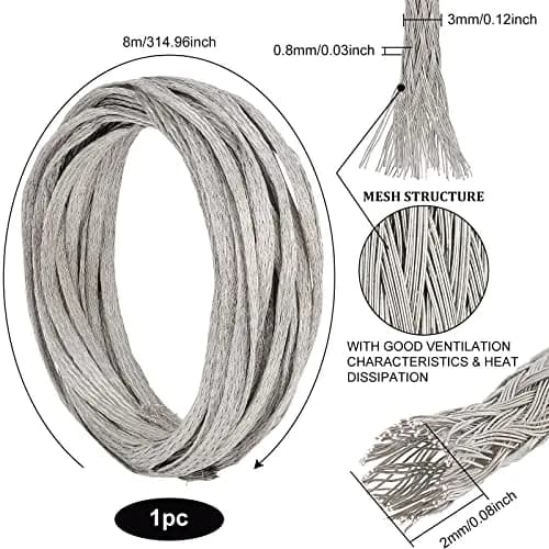 BENECREAT Braided Tinned Copper Wire 3mm Wide, 0.8mm Thick, 26Ft (8m) | Flat Flexible Grounding Lead Wire for Noise Reduction thumbnail 2