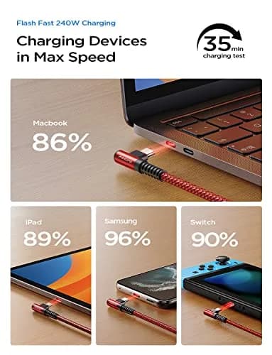 AINOPE 240W USB-C Cable 2.0m (6.6ft) Right Angle Red | Fast Charging Data Transfer thumbnail 4