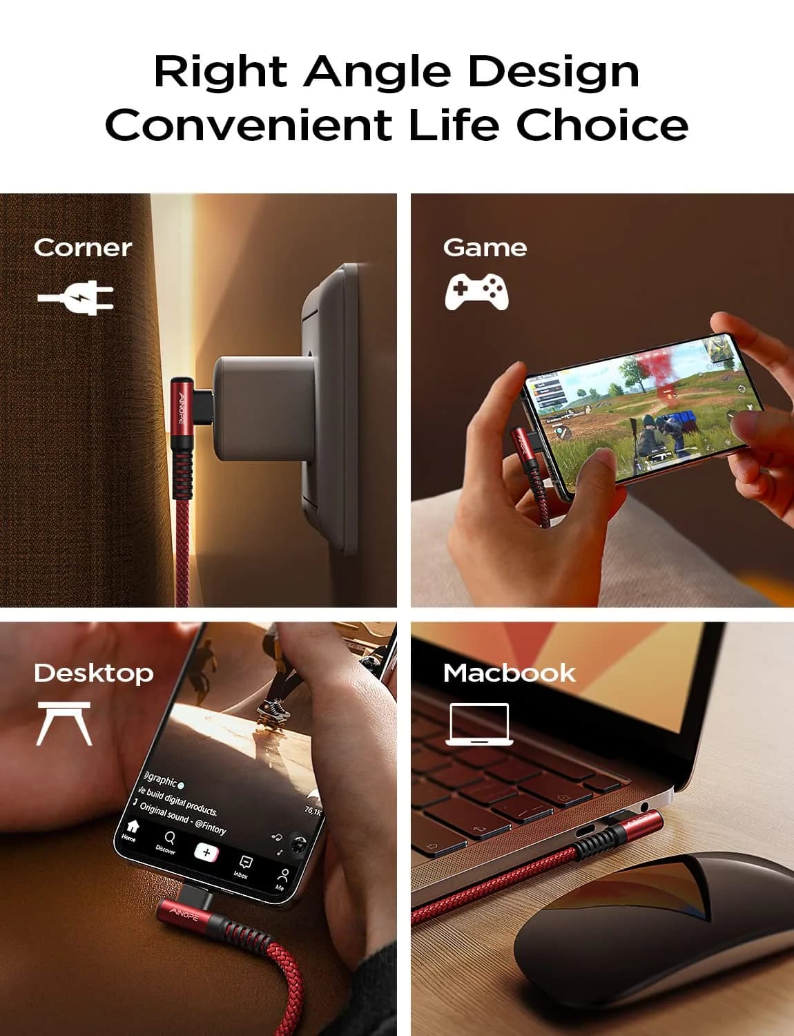 AINOPE 240W USB-C Cable 2.0m (6.6ft) Right Angle Red | Fast Charging Data Transfer - view 6