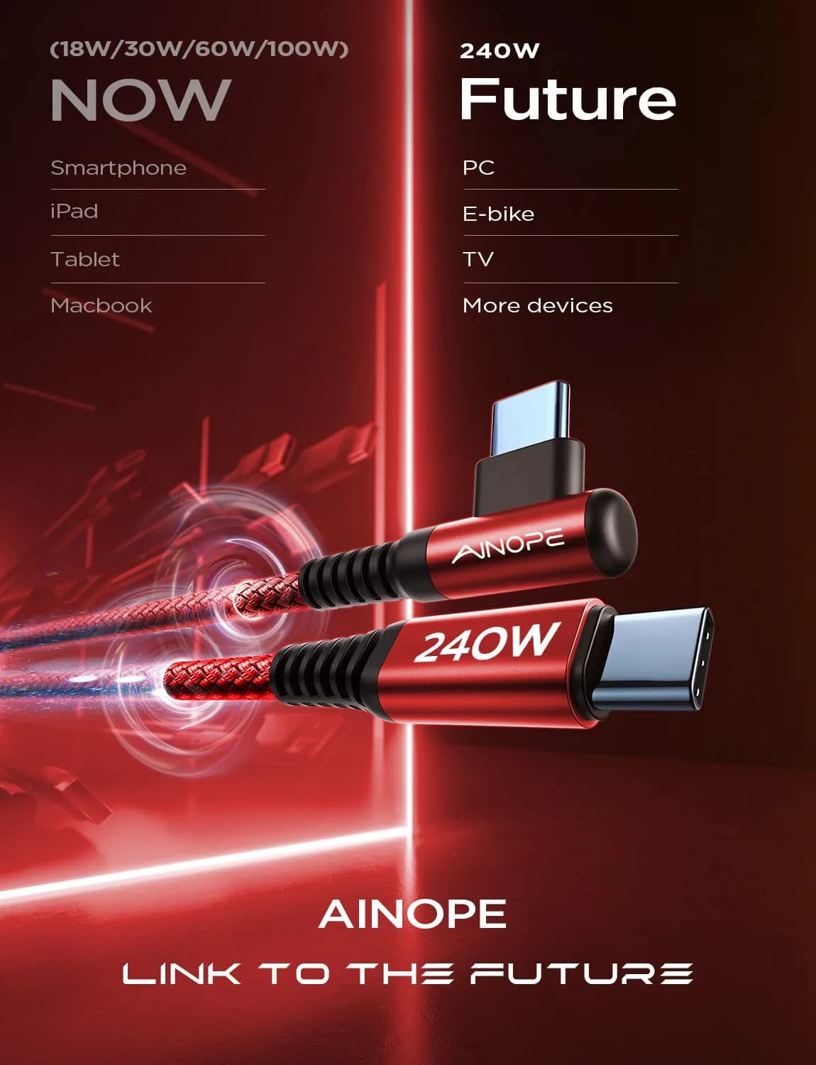 AINOPE 240W USB-C Cable 2.0m (6.6ft) Right Angle Red | Fast Charging Data Transfer - view 7