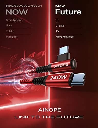 AINOPE 240W USB-C Cable 2.0m (6.6ft) Right Angle Red | Fast Charging Data Transfer thumbnail 7