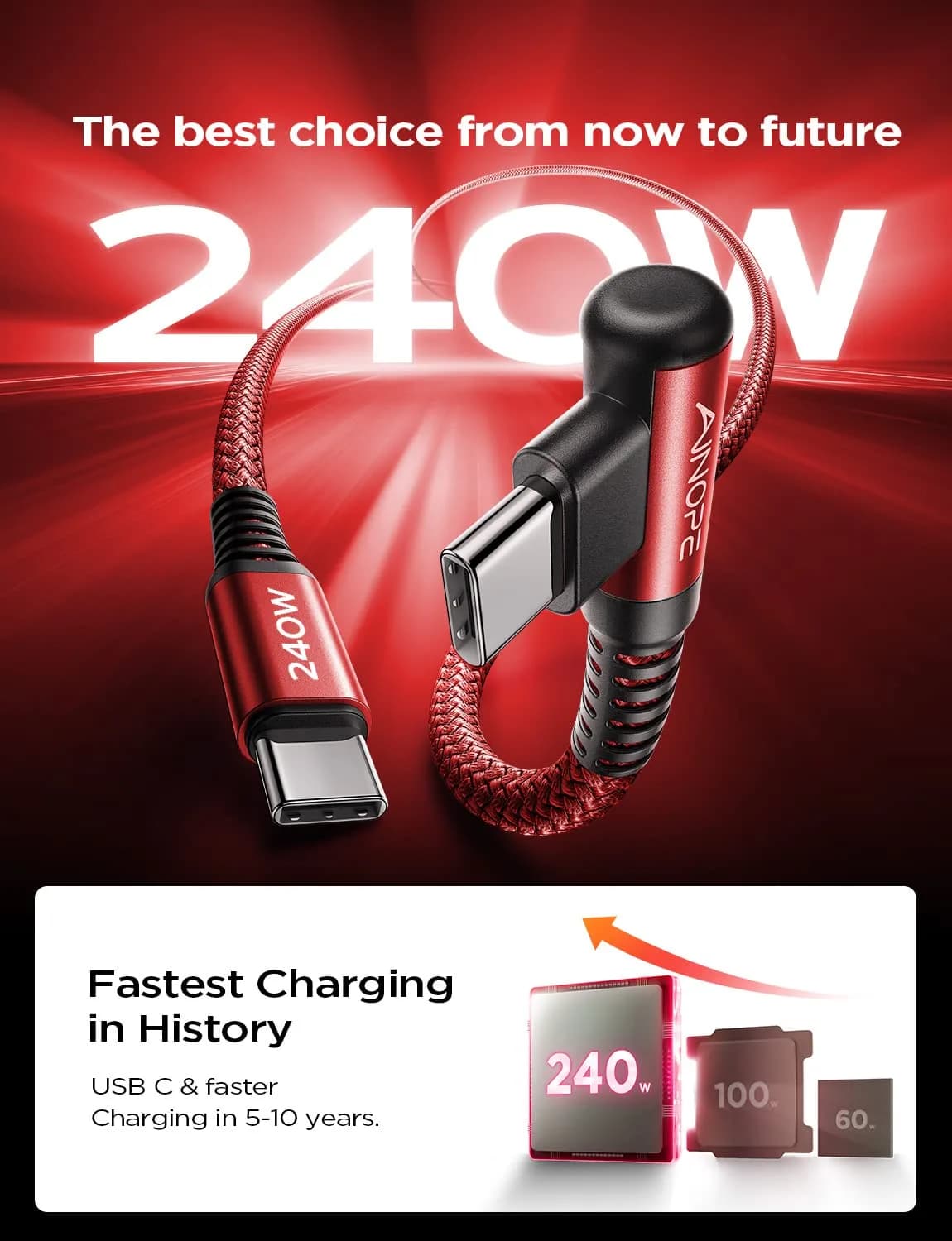AINOPE 240W USB-C Cable 2.0m (6.6ft) Right Angle Red | Fast Charging Data Transfer - view 2