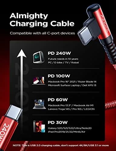AINOPE 240W USB-C Cable 2.0m (6.6ft) Right Angle Red | Fast Charging Data Transfer thumbnail 3