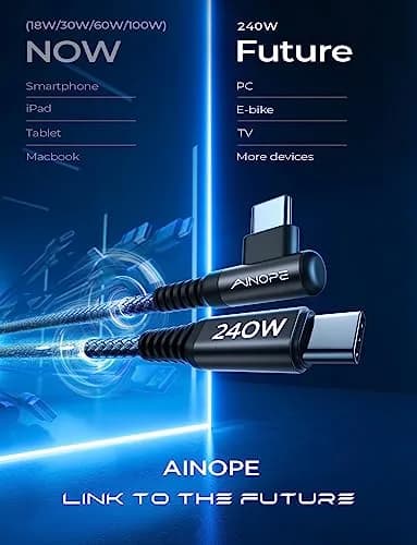 AINOPE 240W USB C to USB C Cable 2.0m (6.6ft) 2-Pack | Right Angle Fast Charging Cord for iPhone 16, MacBook Pro, Samsung thumbnail 6