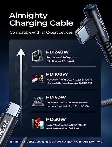 AINOPE 240W USB C to USB C Cable 2.0m (6.6ft) 2-Pack | Right Angle Fast Charging Cord for iPhone 16, MacBook Pro, Samsung thumbnail 3