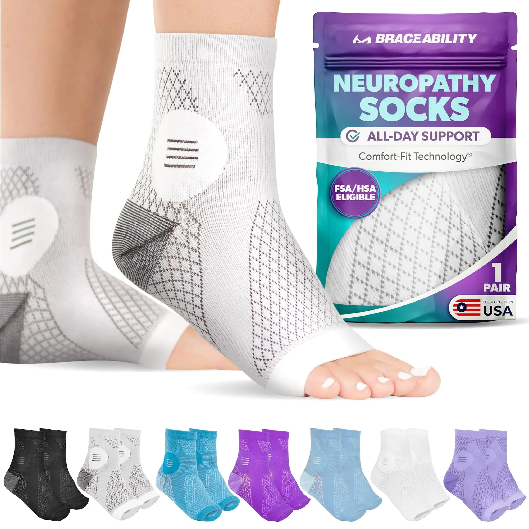 BraceAbility Neuropathy Socks L - Black | FDA Approved Medical Compression Garment for Nerve Pain Relief — Gray - Standard - 1 Pair / Medium