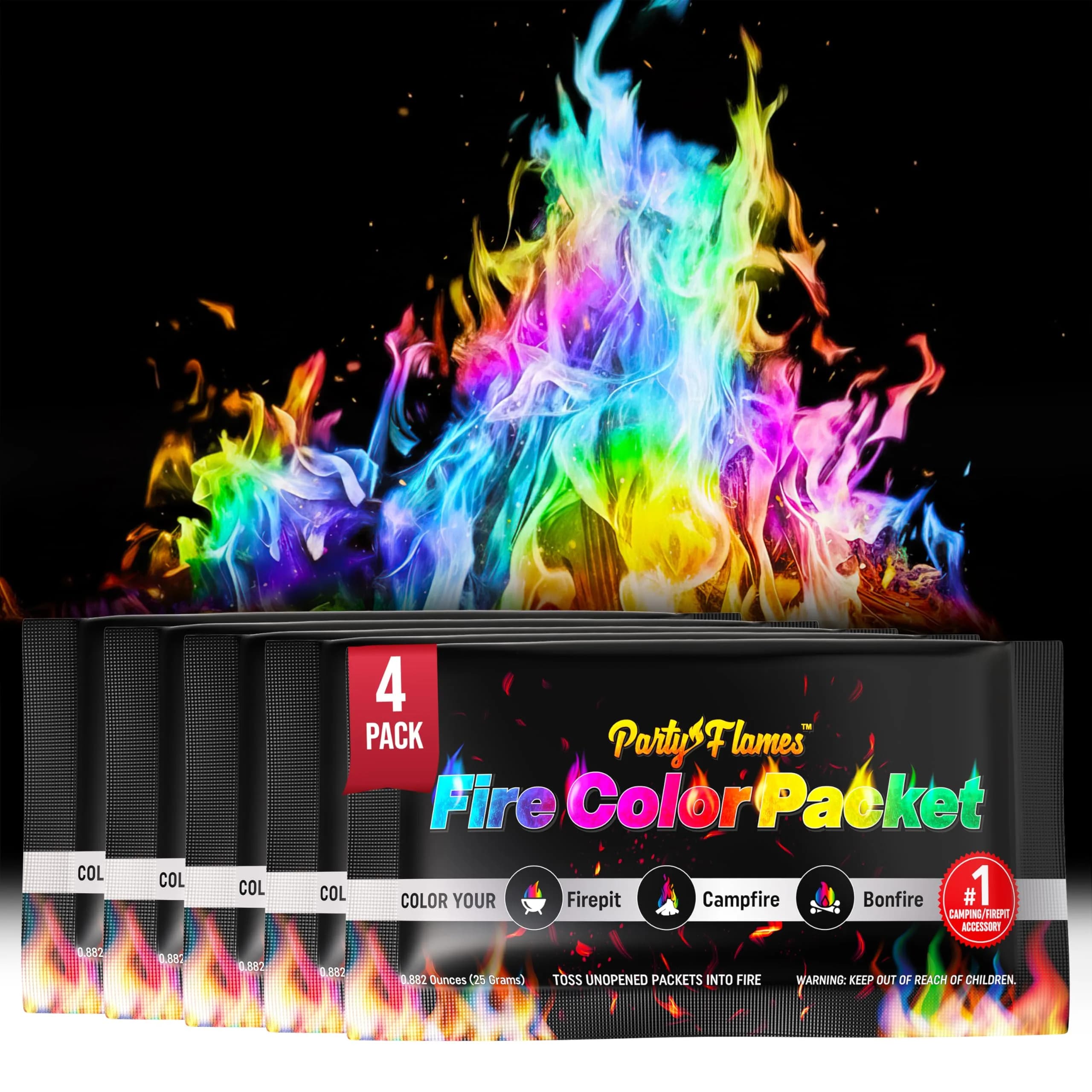 Party Flames Magic Campfire Fire Color Changing Packets 4 Pack | Rainbow Colored Flames for Fire Pit — Original