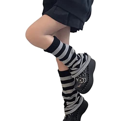 Fernvia Women's Lolita Knit Long Socks Leg Warmers Black Grey | Warm Acrylic Winter Boot Socks thumbnail 4