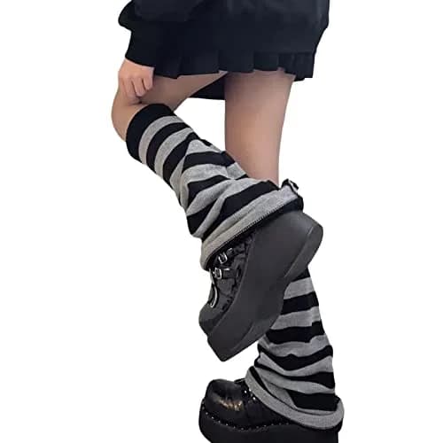 Fernvia Women's Lolita Knit Long Socks Leg Warmers Black Grey | Warm Acrylic Winter Boot Socks thumbnail 5