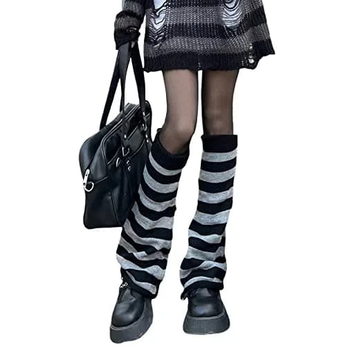 Fernvia Women's Lolita Knit Long Socks Leg Warmers Black Grey | Warm Acrylic Winter Boot Socks thumbnail 1